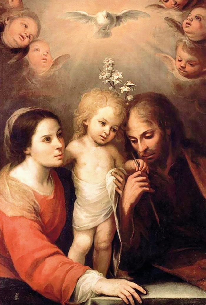 Santino Santa Famiglia e Spirito Santo. Sul retro "San Giuseppe, guida l'umanità"