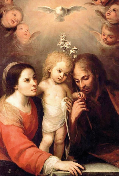 Santino Santa Famiglia e Spirito Santo. Sul retro "San Giuseppe, guida l'umanità"