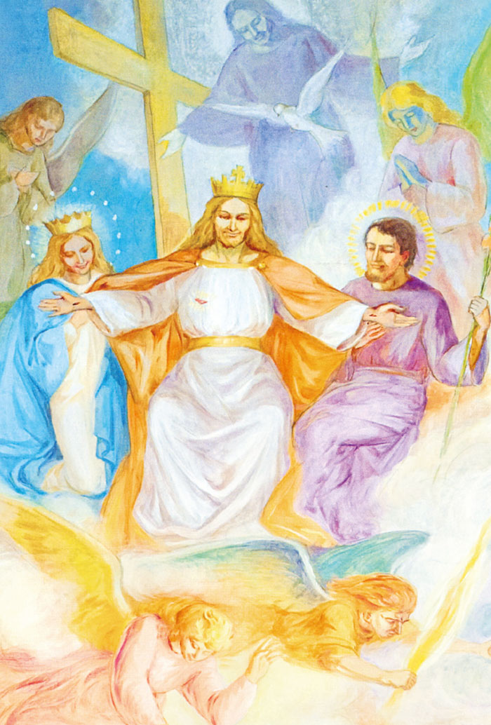 Santino Cristo Re con i santi Giuseppe e Maria. Sul retro "A san Giuseppe, per le cause difficili"