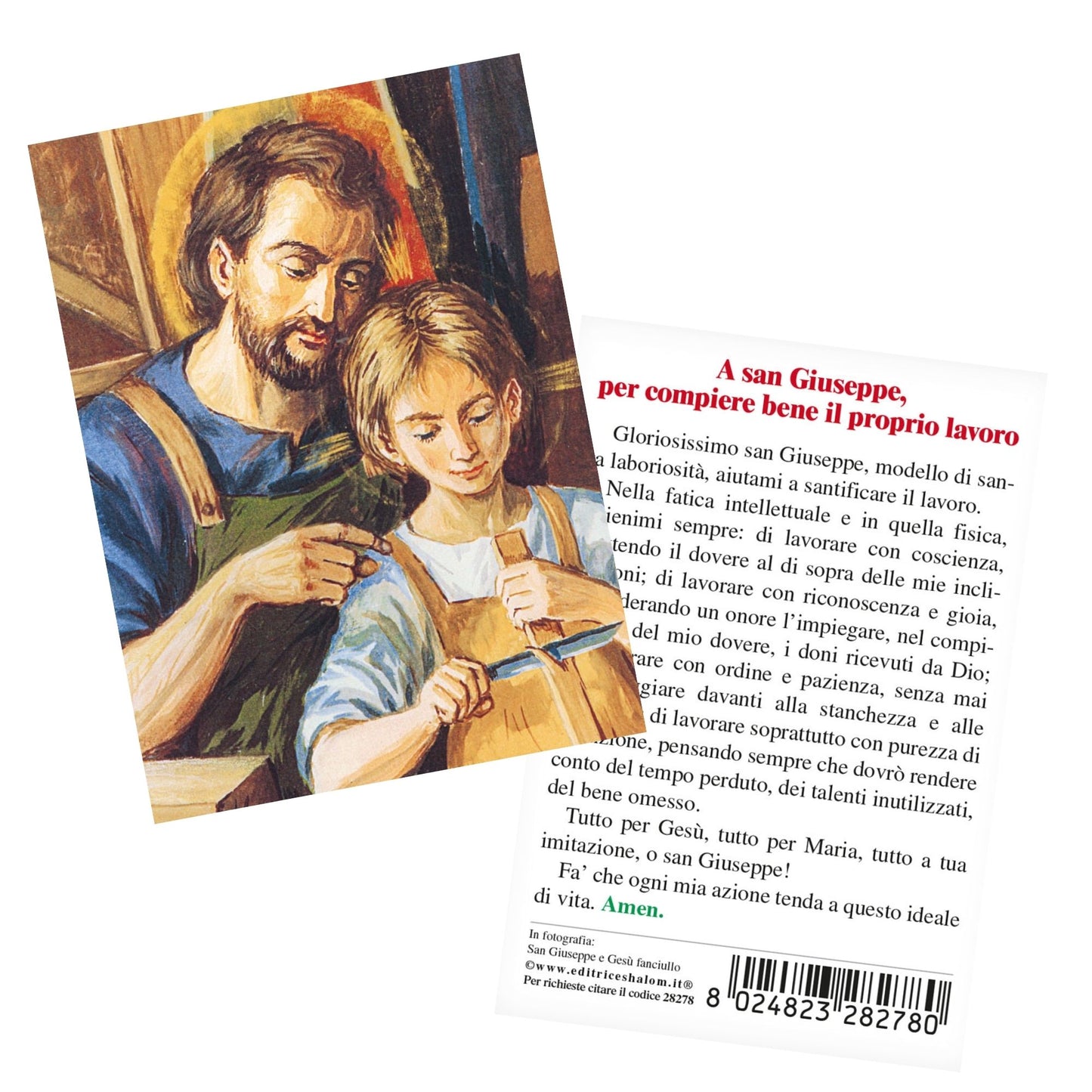 Santino San Giuseppe e Gesù Fanciullo. Sul retro "A San Giuseppe per compiere bene il proprio lavoro"