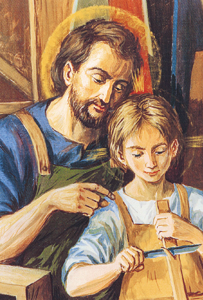 Santino San Giuseppe e Gesù Fanciullo. Sul retro "A San Giuseppe per compiere bene il proprio lavoro"