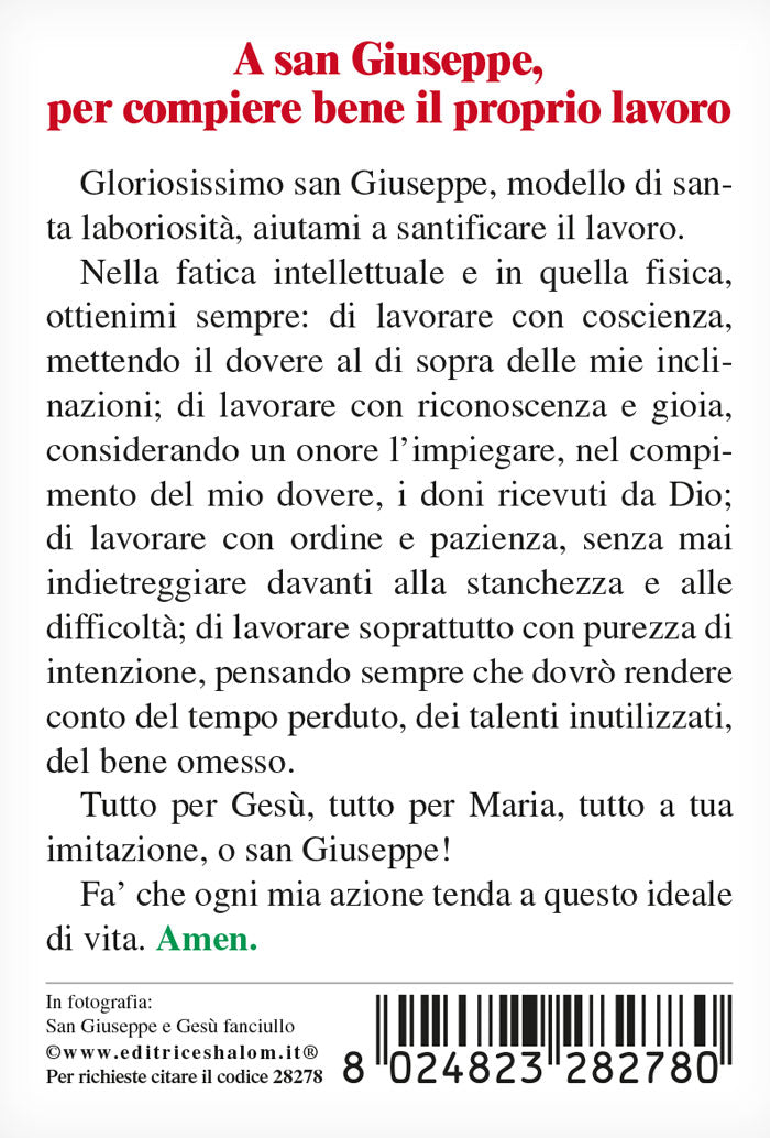Santino San Giuseppe e Gesù Fanciullo. Sul retro "A San Giuseppe per compiere bene il proprio lavoro"