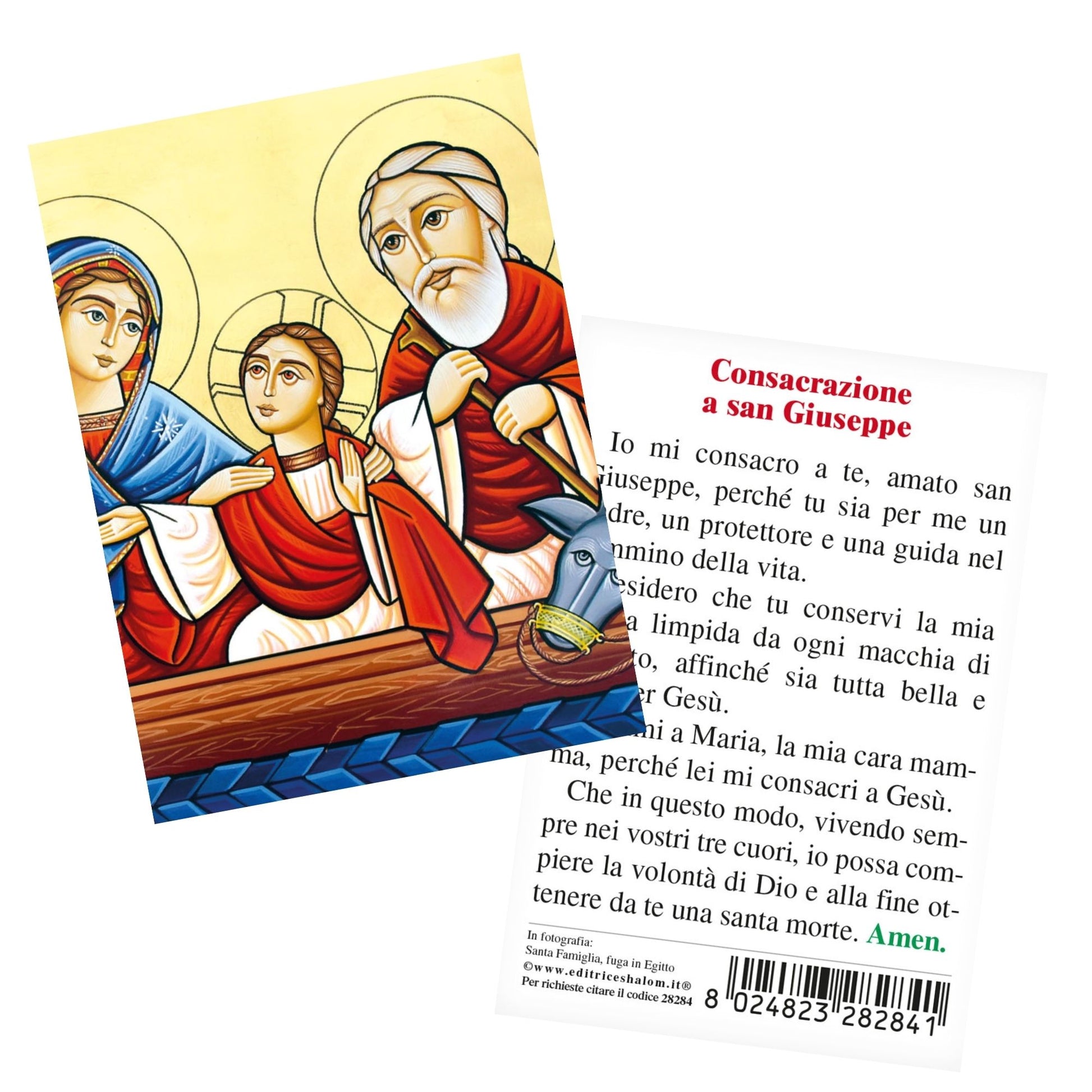 Santino Icona Santa Famiglia, Fuga in Egitto. Sul retro "Consacrazione a San Giuseppe"