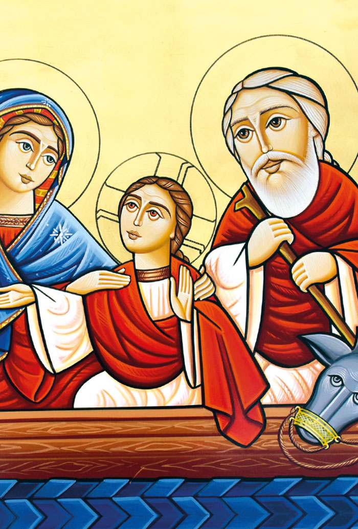 Santino Icona Santa Famiglia, Fuga in Egitto. Sul retro "Consacrazione a San Giuseppe"