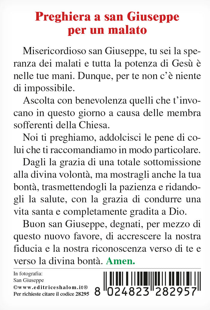 Santino San Giuseppe. Sul retro "Preghiera a San Giuseppe per un malato"