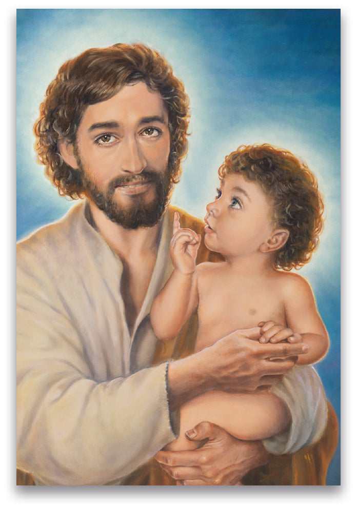 Santino san Giuseppe e Gesù (dipinto di Dawid K.). Sul retro "A Te, o beato Giuseppe"
