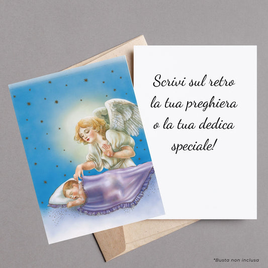 Santino angelo custode con stelle. Retro bianco