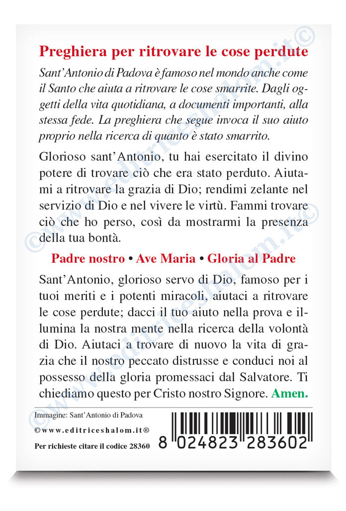 Santino sant'Antonio di Padova. Sul retro "Preghiera per ritrovare le cose perdute"