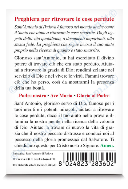 Santino sant'Antonio di Padova. Sul retro "Preghiera per ritrovare le cose perdute"
