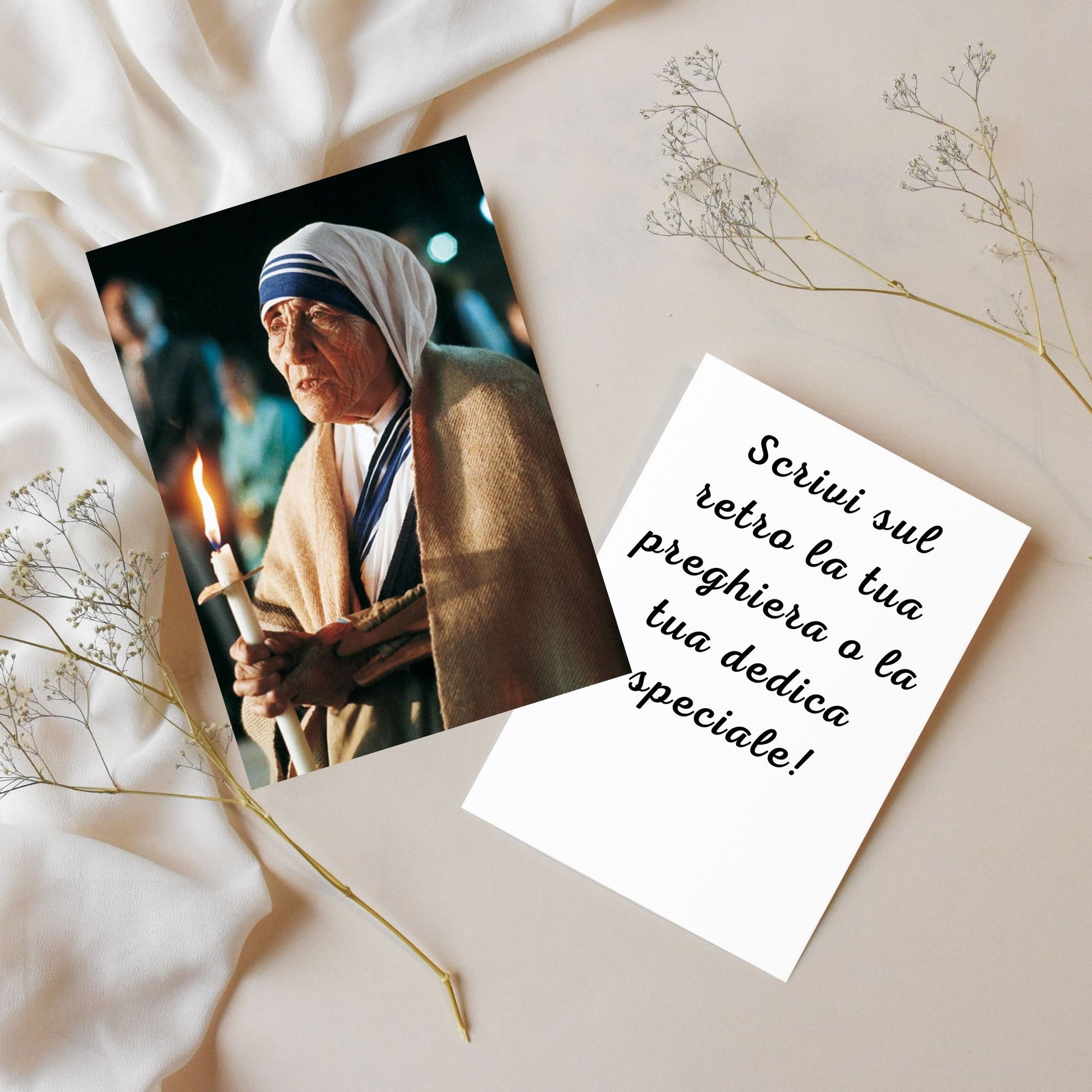 Santino madre Teresa con candela. Retro bianco