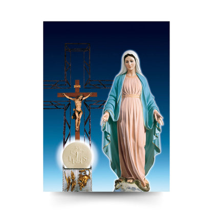 Santino beata Vergine Maria con crocifisso e tabernacolo. Retro bianco