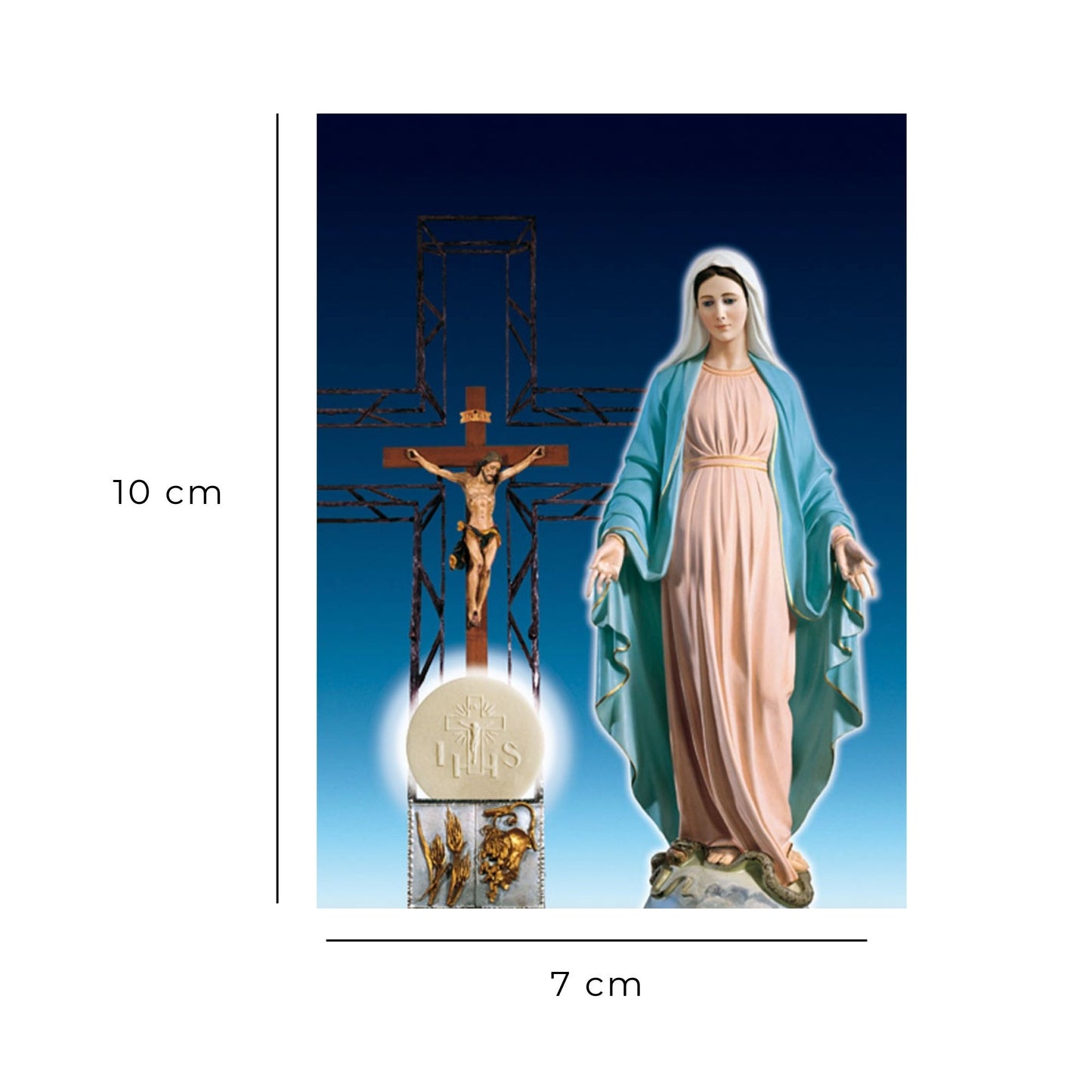 Santino beata Vergine Maria con crocifisso e tabernacolo. Retro bianco
