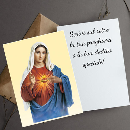 Santino sacro cuore di Maria fondo giallo. Retro bianco