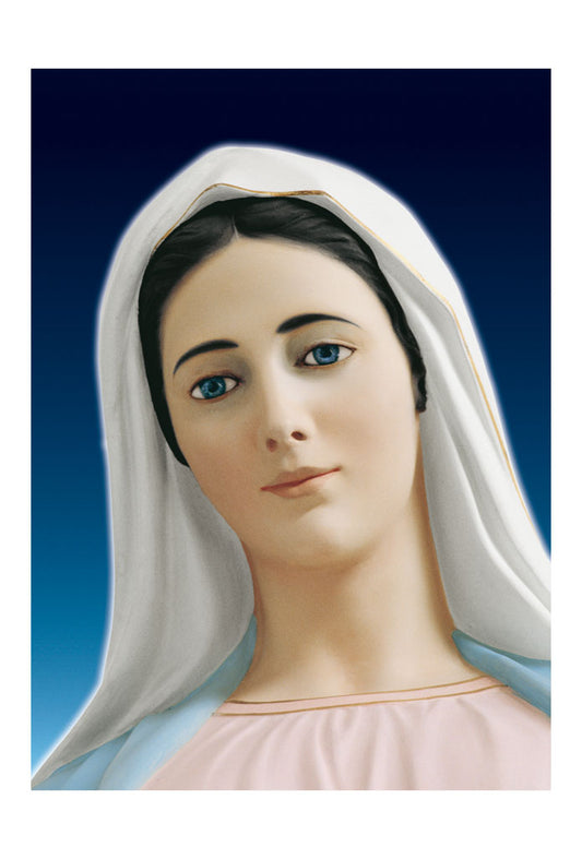 Biglietto pieghevole Vergine Maria frontale con sguardo in alto. Interno bianco