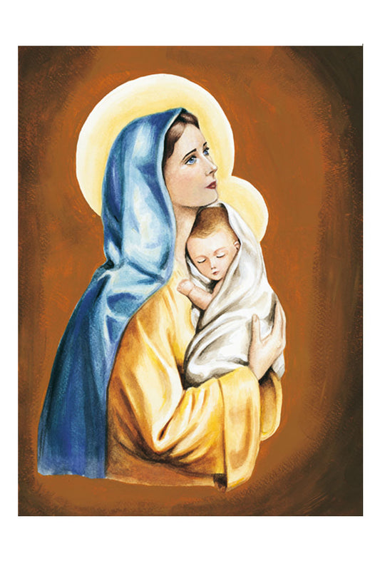 Biglietto pieghevole su seta Maria e Gesù Bambino con aureola. Interno bianco
