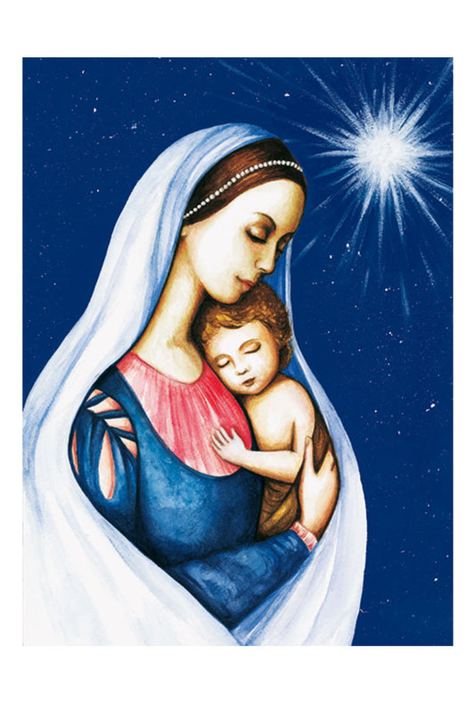 Biglietto pieghevole su seta Maria e Gesù Bambino con perline. Interno bianco