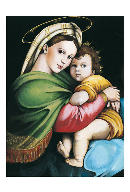 Biglietto pieghevole su seta Maria e Gesù Bambino. Madonna della seggiola. Interno bianco