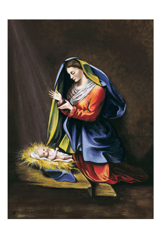 Biglietto pieghevole su seta Maria e Gesù Bambino nella grotta. Interno bianco