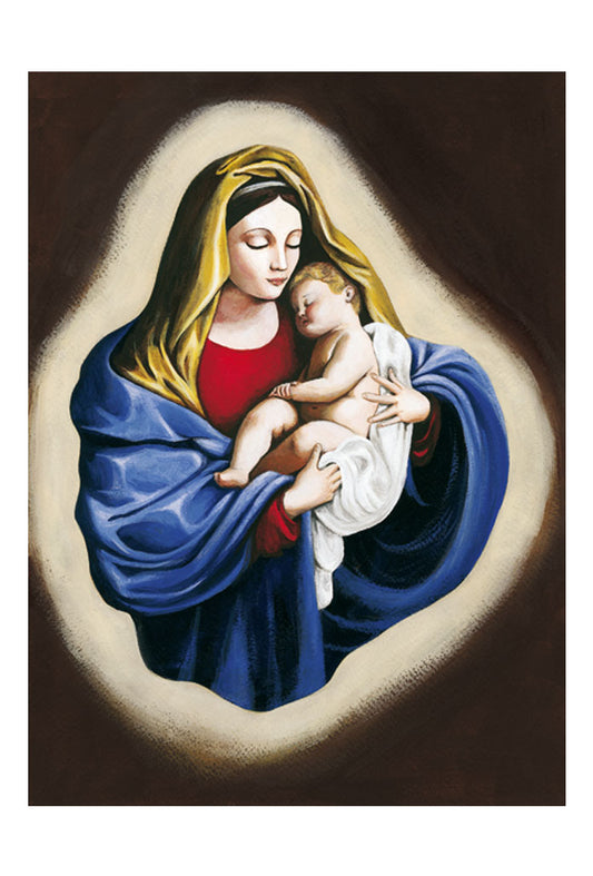 Biglietto pieghevole su seta Maria e Gesù Bambino che dorme. Interno bianco