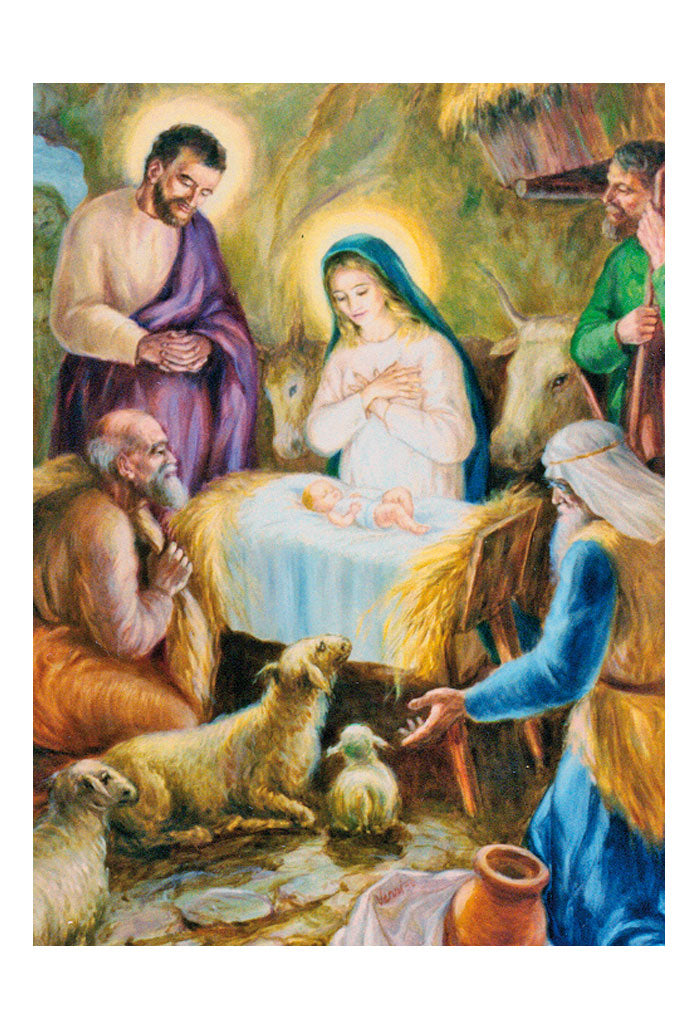 Biglietto augurale Natale, santa Famiglia. All'interno "Essere come quel bambino" di madre Teresa