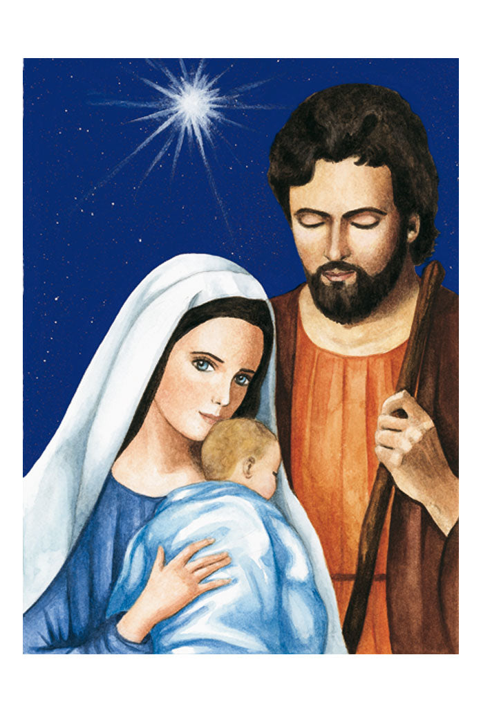 Biglietto augurale Natale su seta, santa Famiglia frontale. Interno bianco
