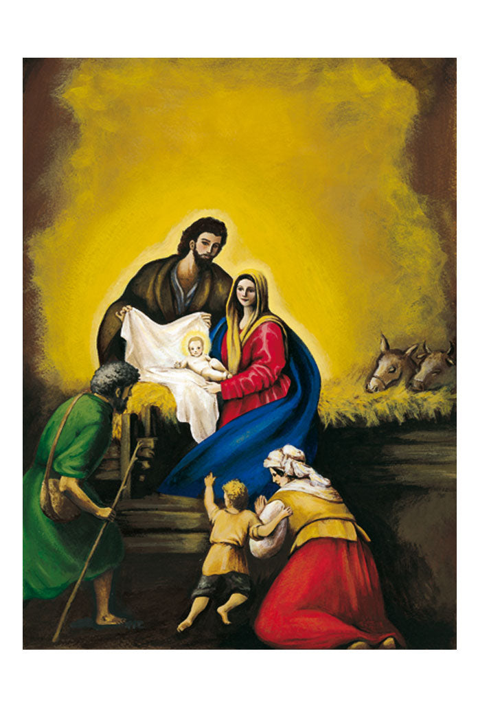 Biglietto augurale Natale su seta, santa Famiglia con i pastori. Interno bianco