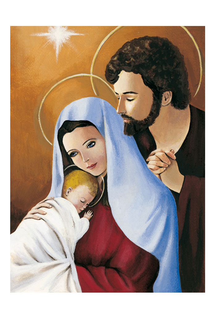 Biglietto augurale Natale su seta, santa Famiglia profilo. Interno bianco