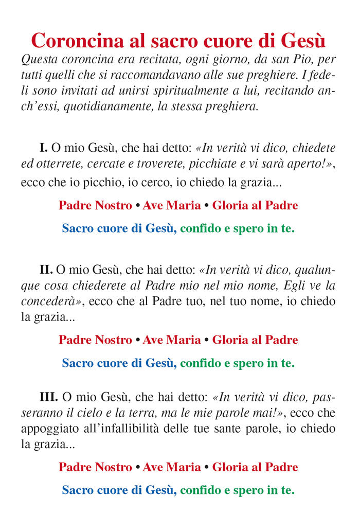 Biglietto pieghevole "San Pio da Pietrelcina". All'interno Coroncina al Sacro Cuore di Gesù e preghiera a San Pio