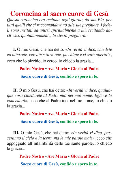 Biglietto pieghevole "San Pio da Pietrelcina". All'interno Coroncina al Sacro Cuore di Gesù e preghiera a San Pio