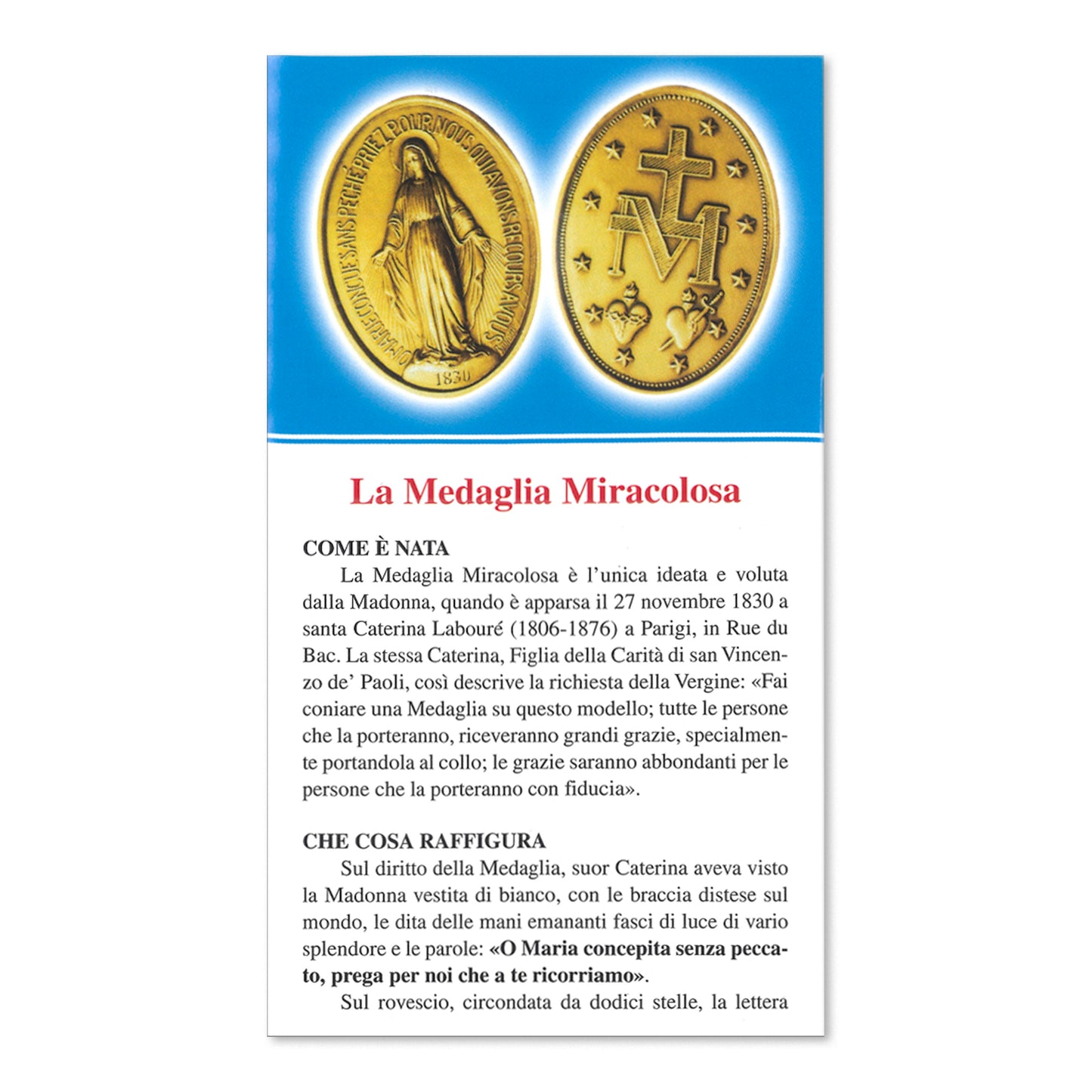 Biglietto pieghevole Medaglia Miracolosa. All'interno spiegazione della Medaglia Miracolosa e Novena 