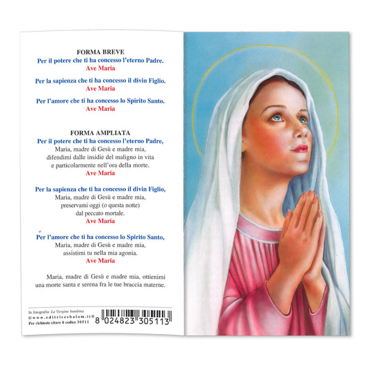 Biglietto pieghevole Vergine Maria bambina. All'interno "devozione delle Tre Ave Maria"