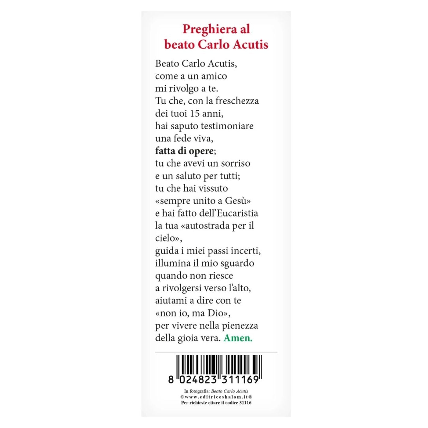 Segnalibro beato Carlo Acutis. Sul retro "Preghiera al beato Carlo Acutis"