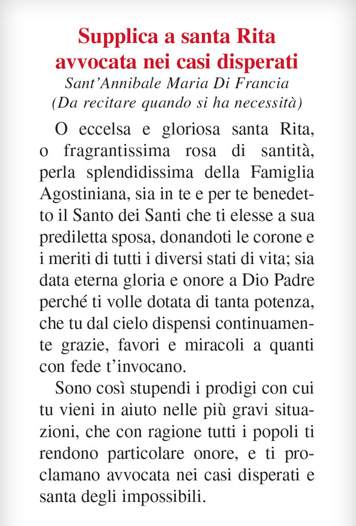 Pieghevole santa Rita con retro "Supplica a santa Rita avvocata nei casi disperati" di sant'Annibale Maria di Francia