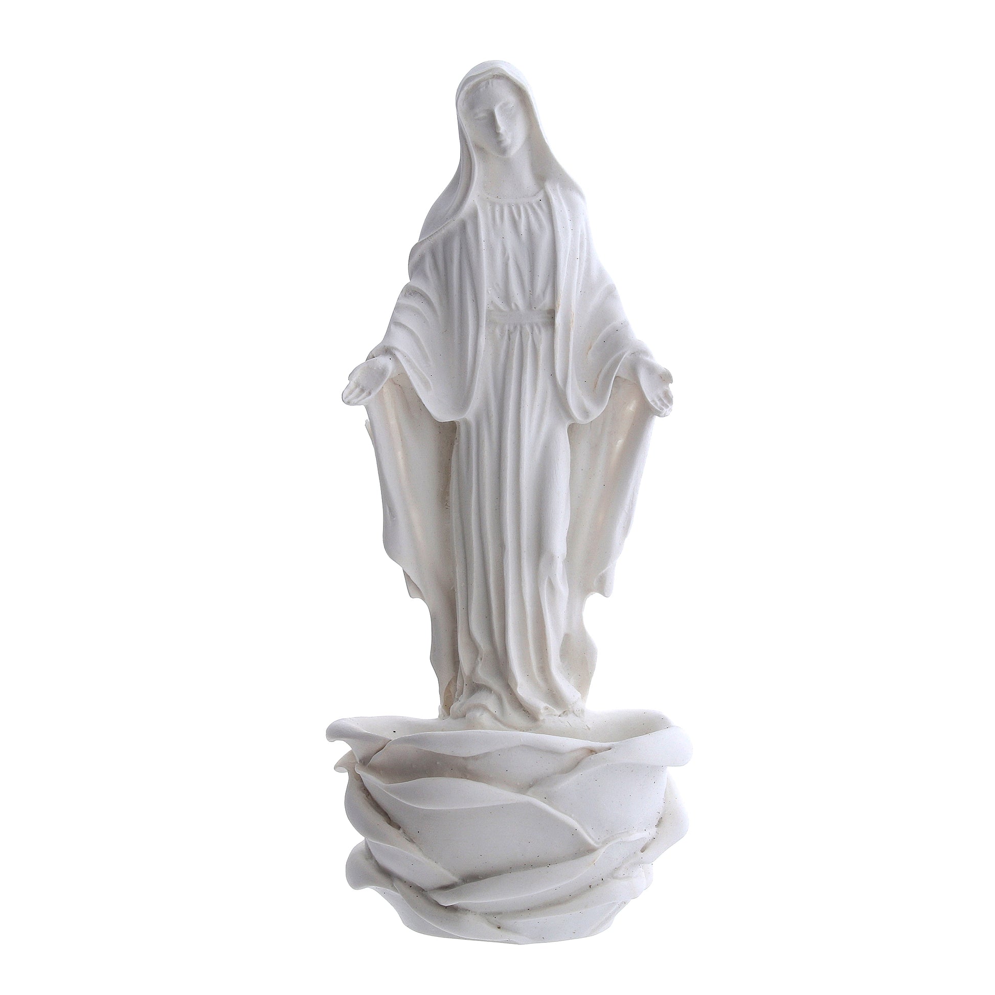 Acquasantiera Madonna Immacolata, in resina bianca. Altezza 15 cm