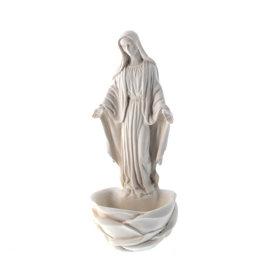 Acquasantiera Madonna Immacolata, in resina bianca. Altezza 15 cm