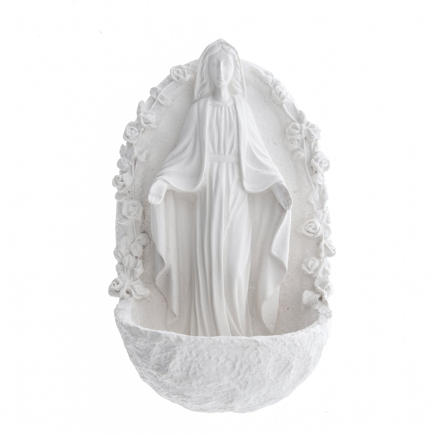 Acquasantiera Madonna Immacolata con rose, in resina bianca. Altezza 16 cm
