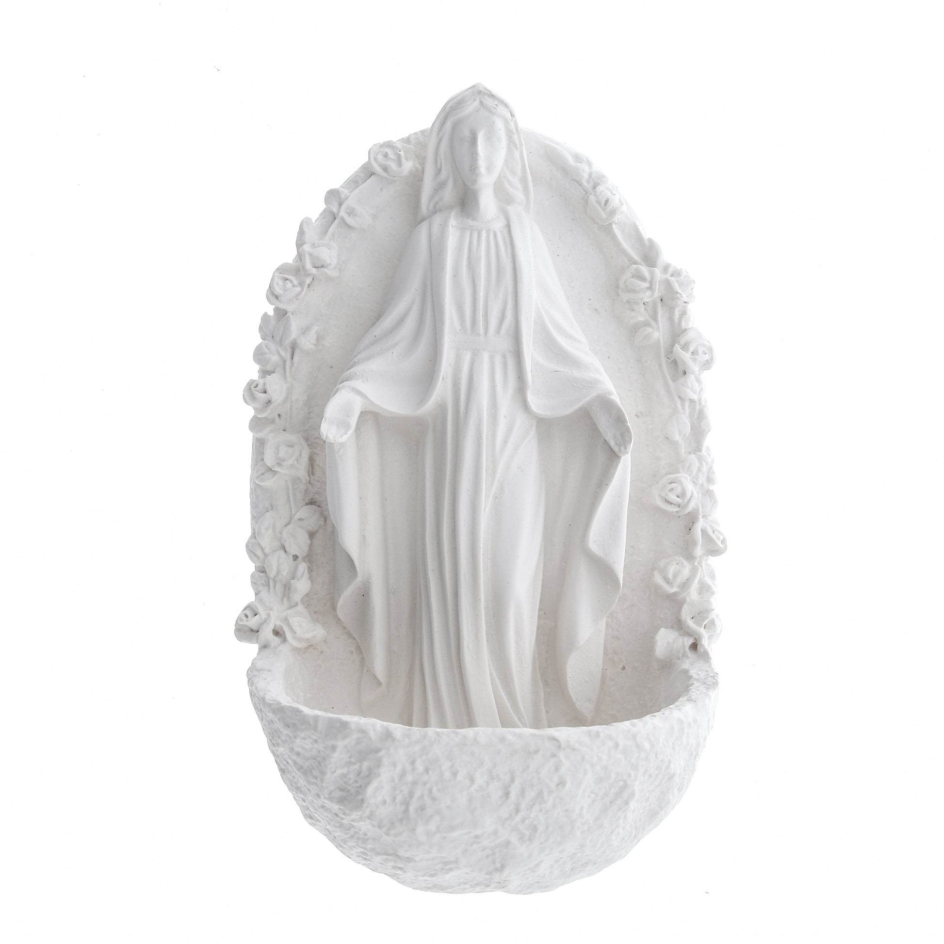 Acquasantiera Madonna Immacolata con rose, in resina bianca. Altezza 16 cm