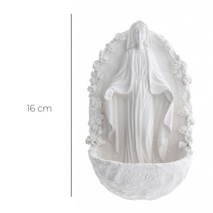 Acquasantiera Madonna Immacolata con rose, in resina bianca. Altezza 16 cm