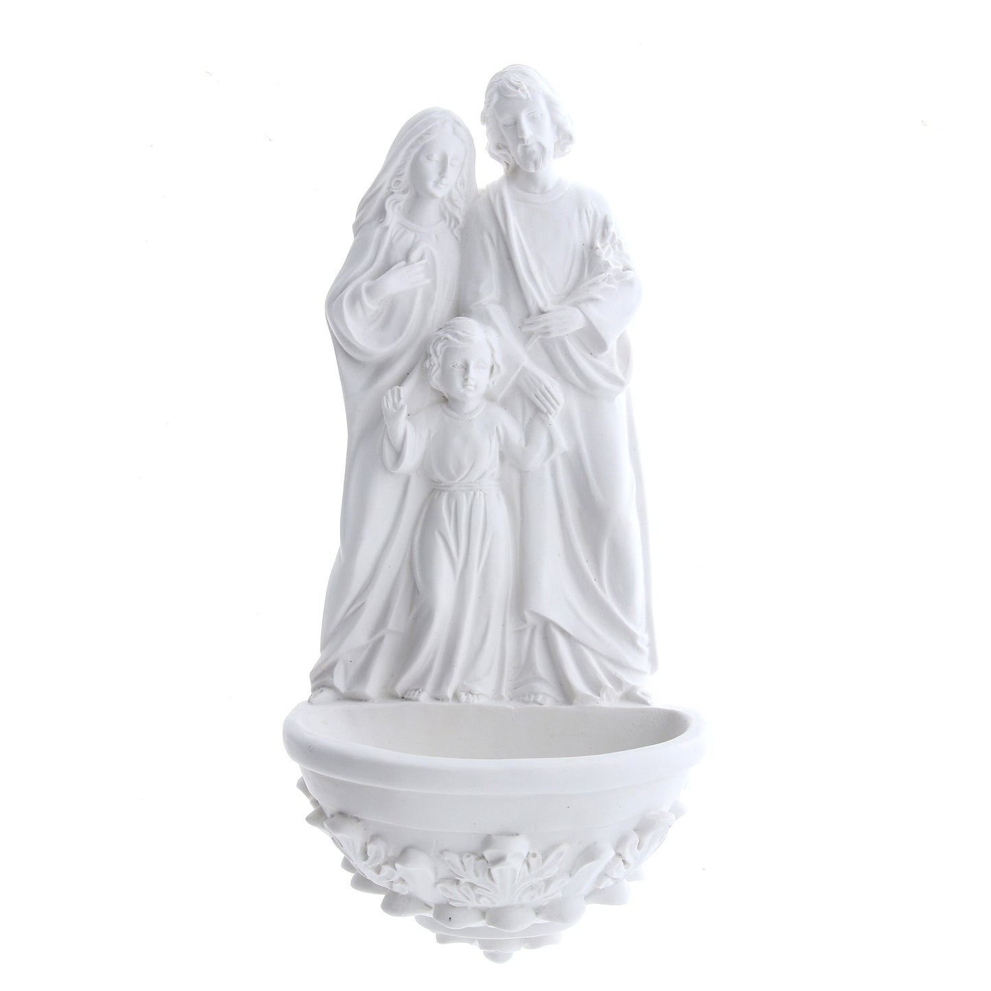 Acquasantiera Sacra Famiglia, in resina bianca. Altezza 20 cm