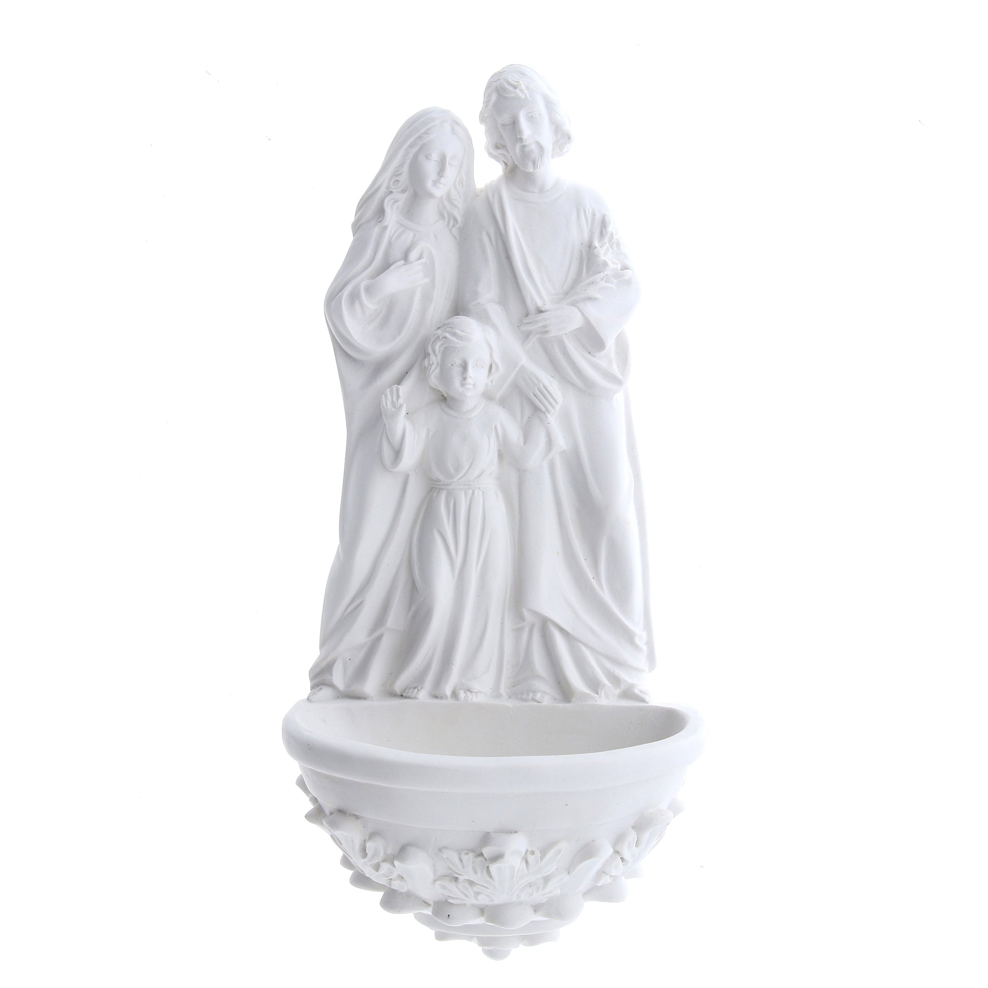 Acquasantiera Sacra Famiglia, in resina bianca. Altezza 20 cm