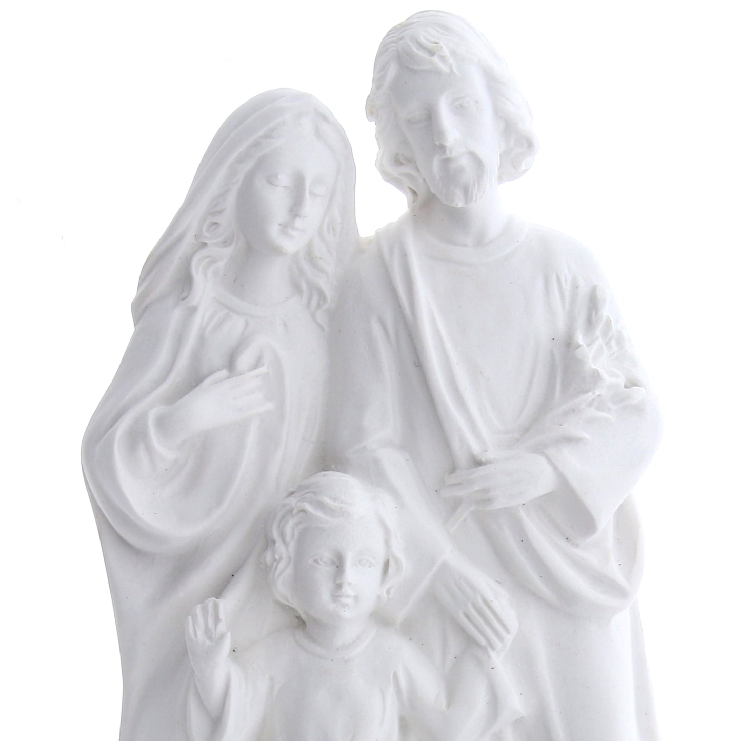 Acquasantiera Sacra Famiglia, in resina bianca. Altezza 20 cm