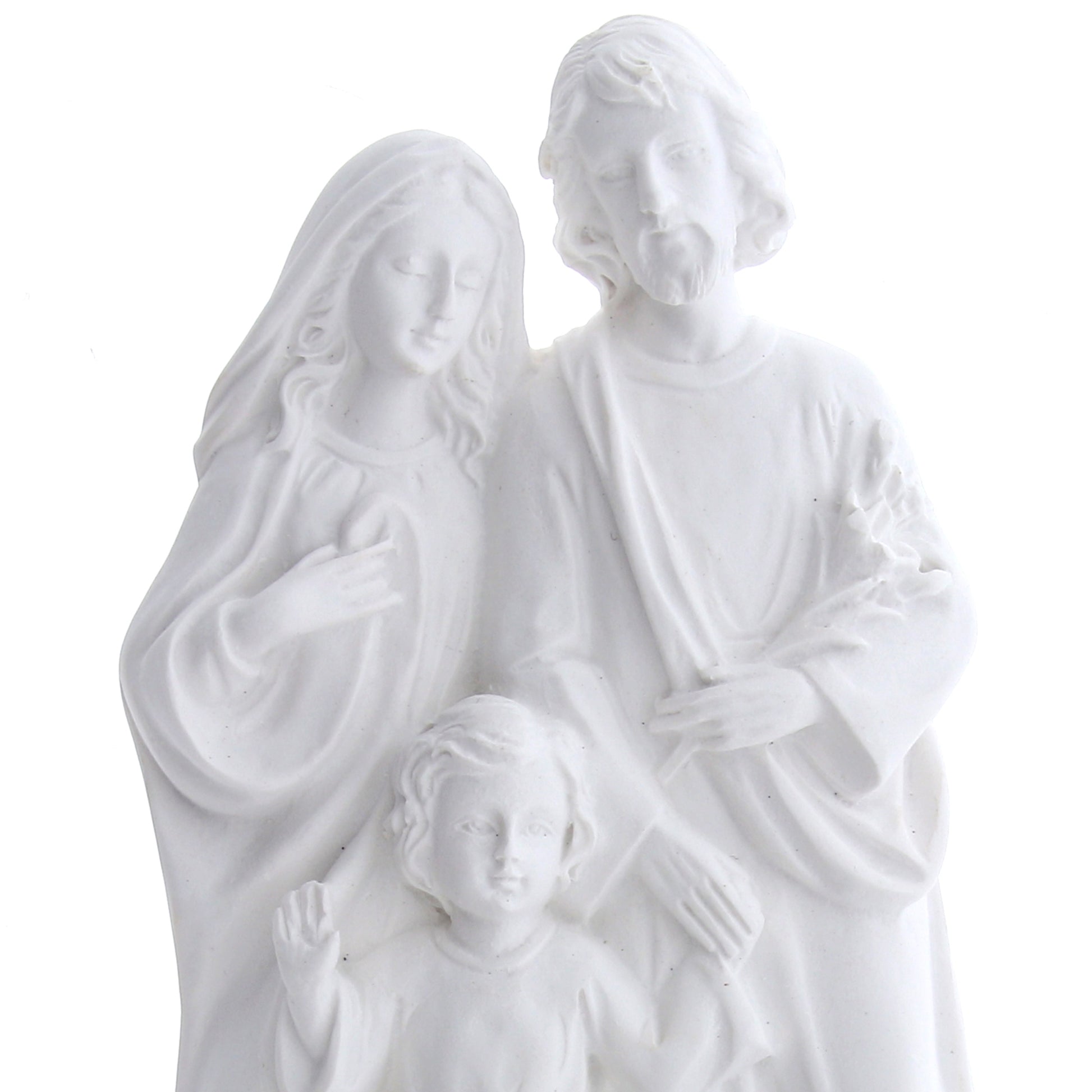 Acquasantiera Sacra Famiglia, in resina bianca. Altezza 20 cm