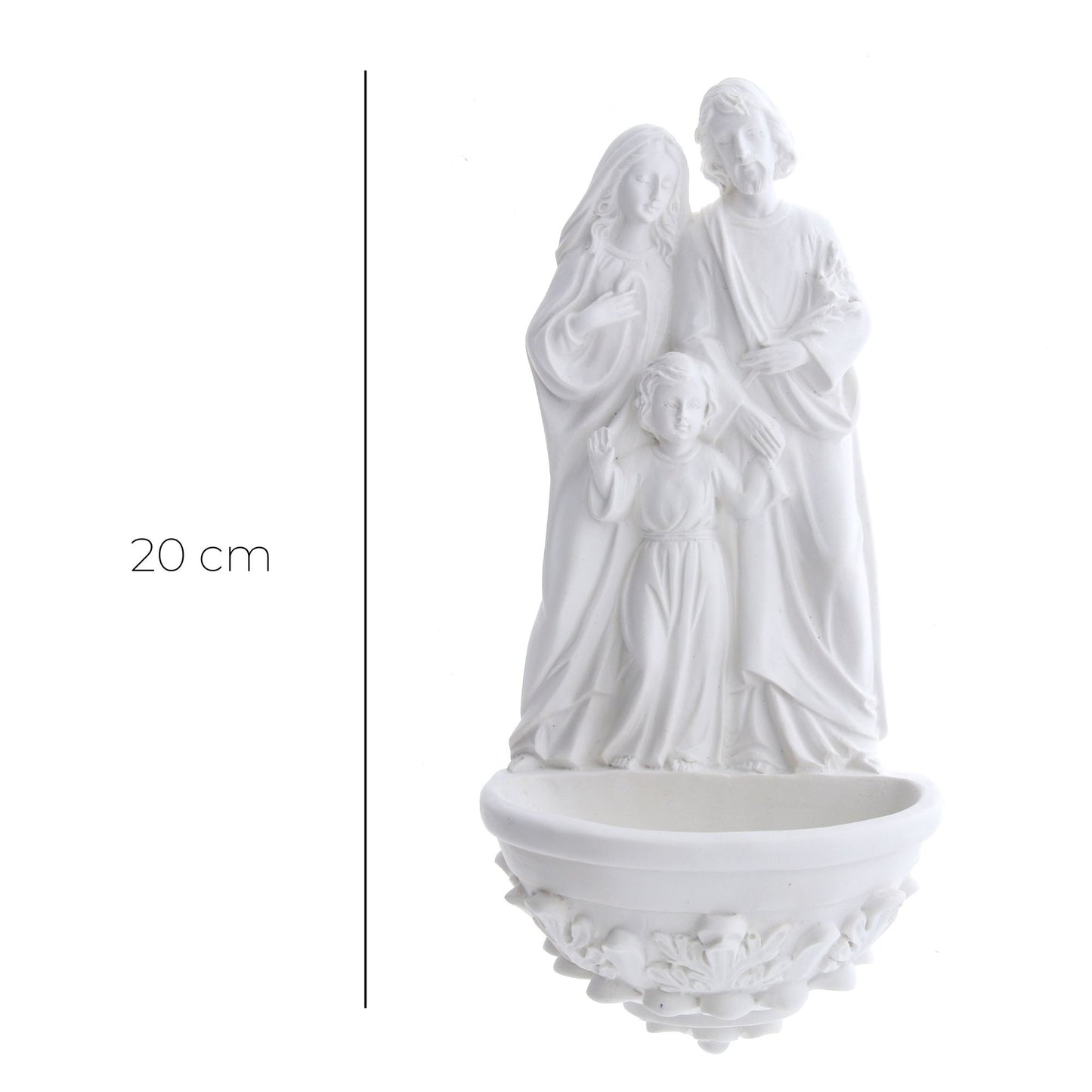 Acquasantiera Sacra Famiglia, in resina bianca. Altezza 20 cm