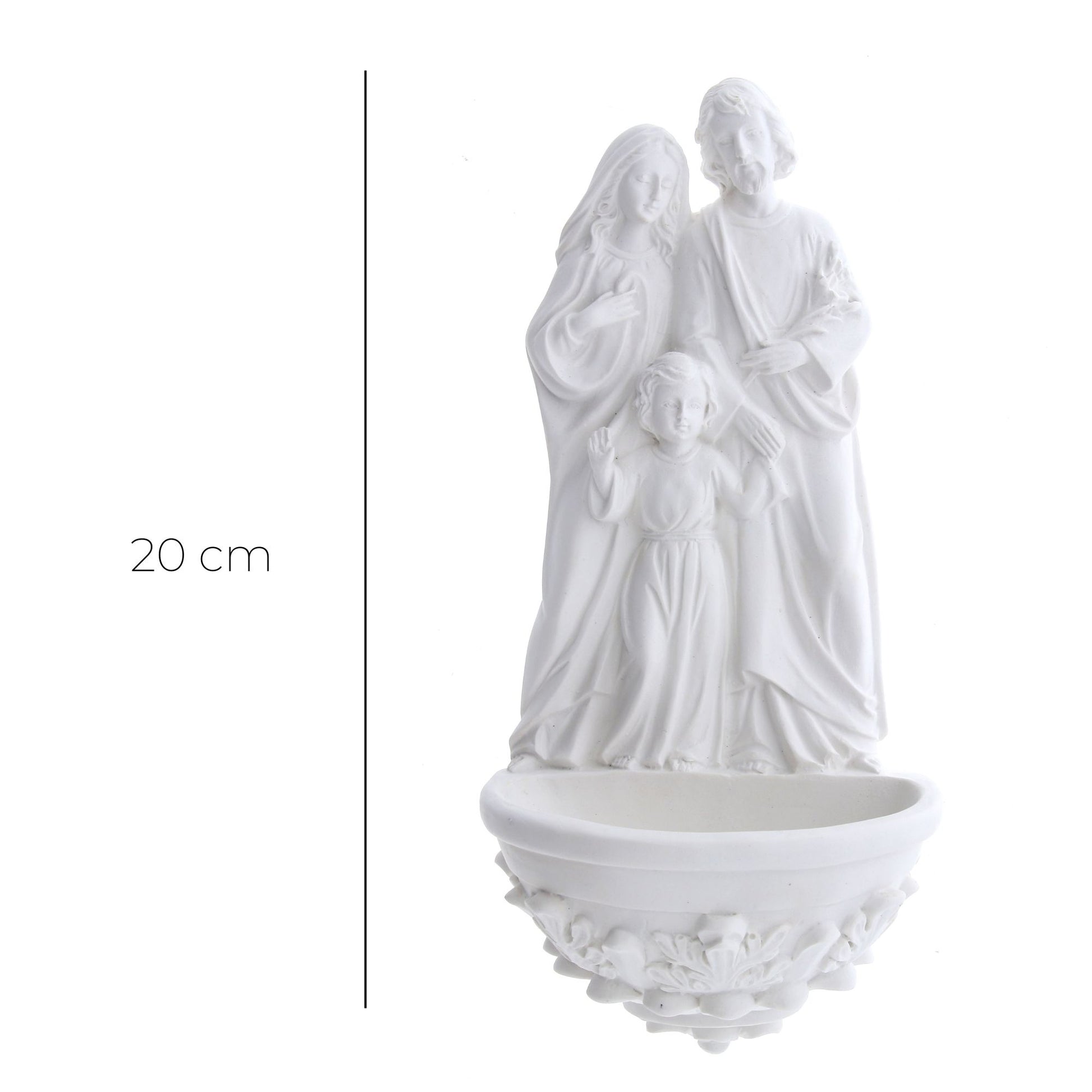 Acquasantiera Sacra Famiglia, in resina bianca. Altezza 20 cm
