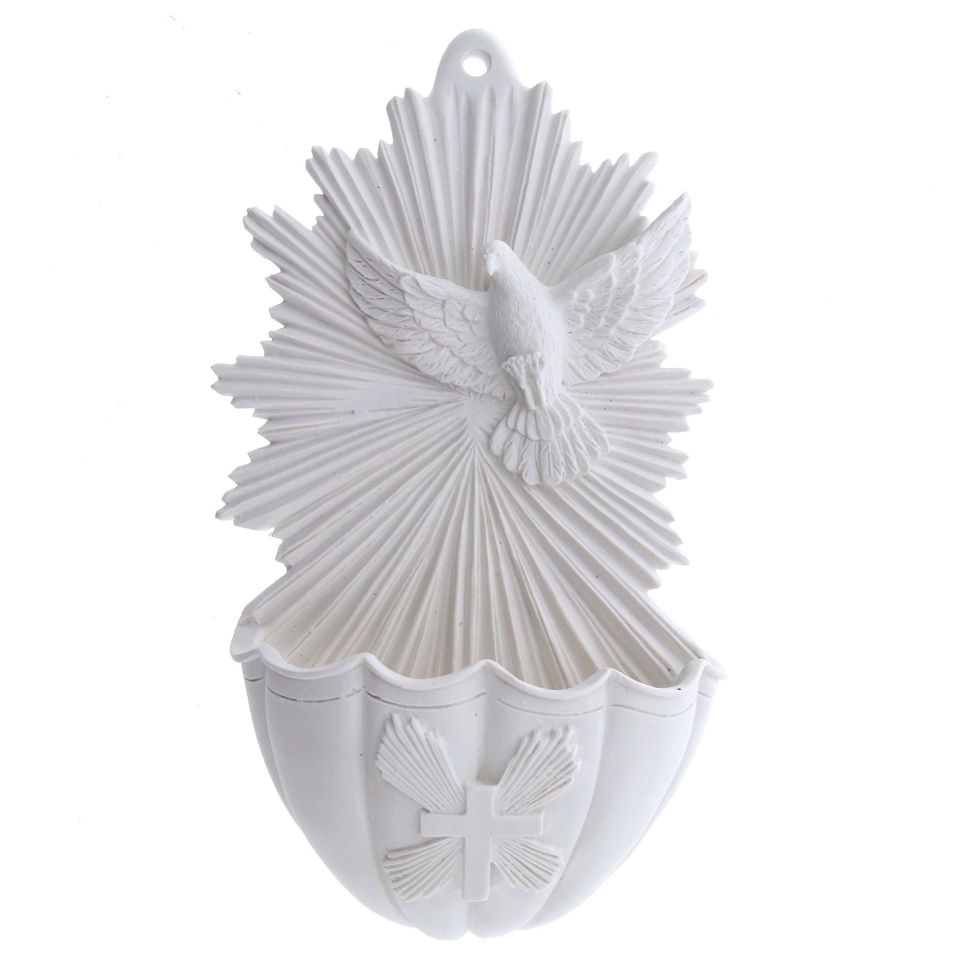 Acquasantiera Spirito Santo, in resina bianca. Altezza 17 cm