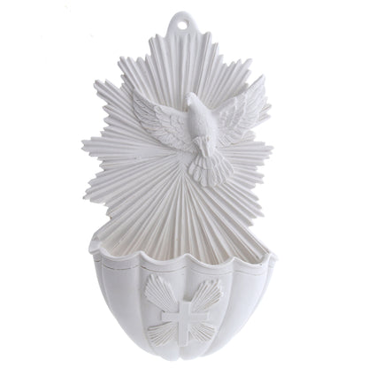 Acquasantiera Spirito Santo, in resina bianca. Altezza 17 cm