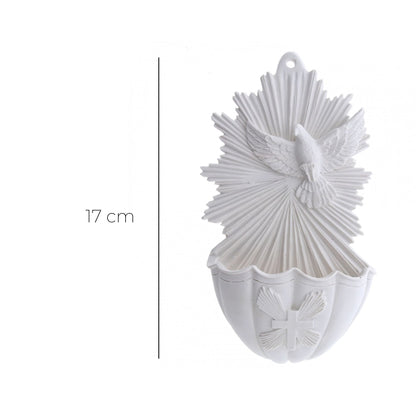 Acquasantiera Spirito Santo, in resina bianca. Altezza 17 cm