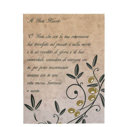 Confezione con acqua benedetta 'Risorto'. Dimensioni 8,5x12 cm