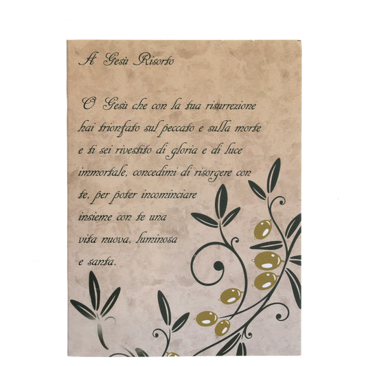 Confezione con acqua benedetta 'Risorto'. Dimensioni 8,5x12 cm