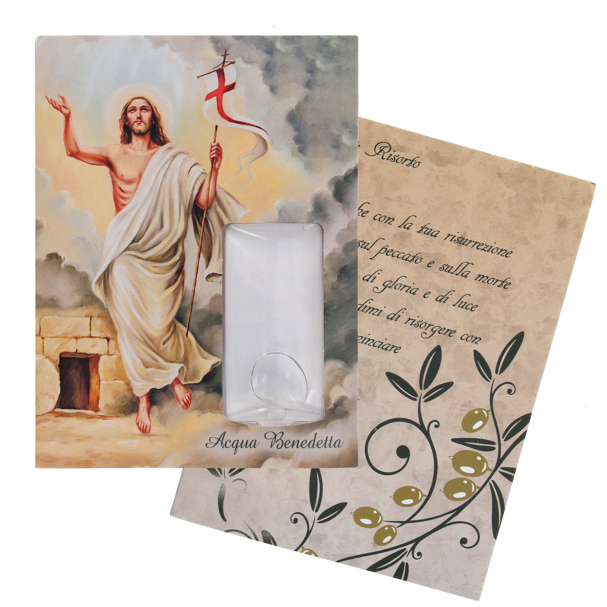 Confezione con acqua benedetta 'Risorto'. Dimensioni 8,5x12 cm